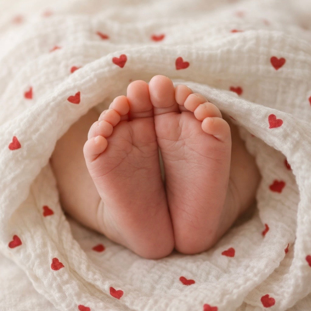 Pieds de bébé qui sortent d'un lange blanc à coeur rouge